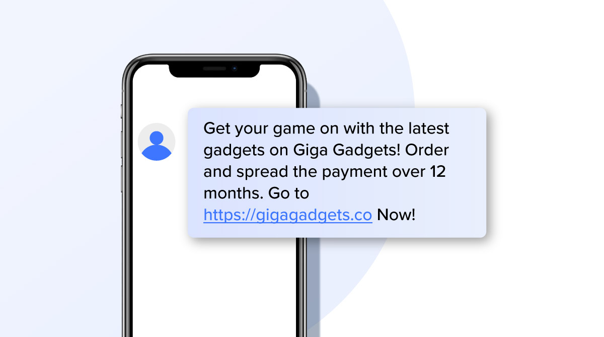 Promotional SMS templates for ecommerce | A mobile phone shows an SMS promo for installmental payments on Giga Gadgets. 